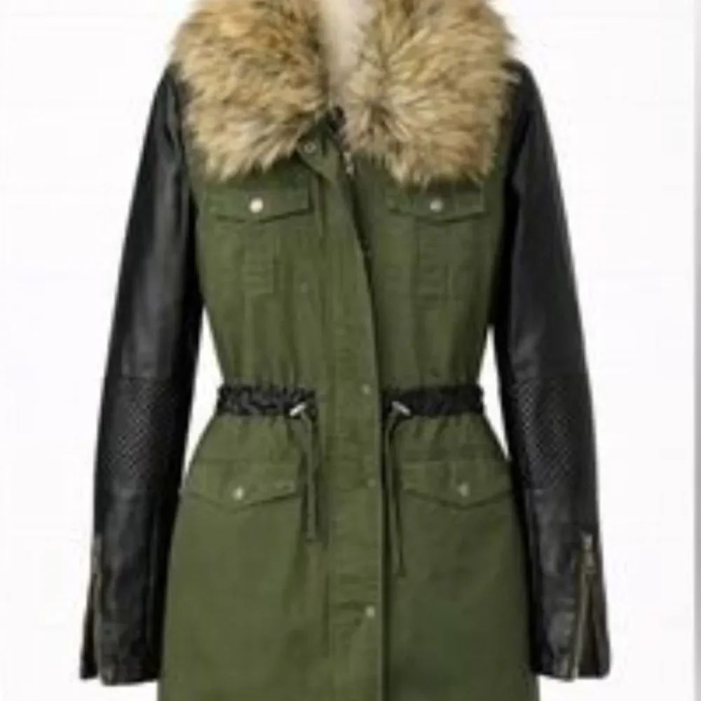 John + Jenn Olive Utility Jacket with Faux Fur Collar and Faux Black Sleeves